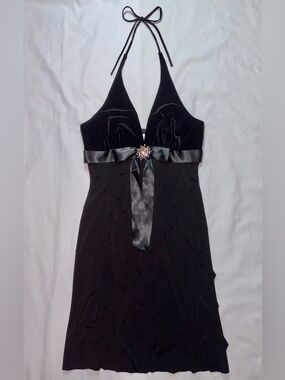 Betsy & Adam Size 10 Black Velvet Halter Rhinestone Ruffle Hem Cocktail Dress